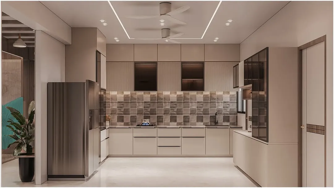 3D render of the kitchen elevation: pale handleless units, a tiled backsplash in muted greys, tall storage and an integrated fridge under a coffered ceiling.