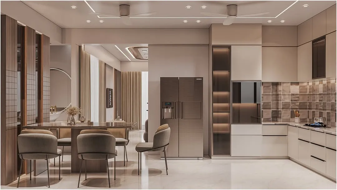 3D render looking across the kitchen towards the dining table and a curtained living space beyond, showing how the two areas connect.