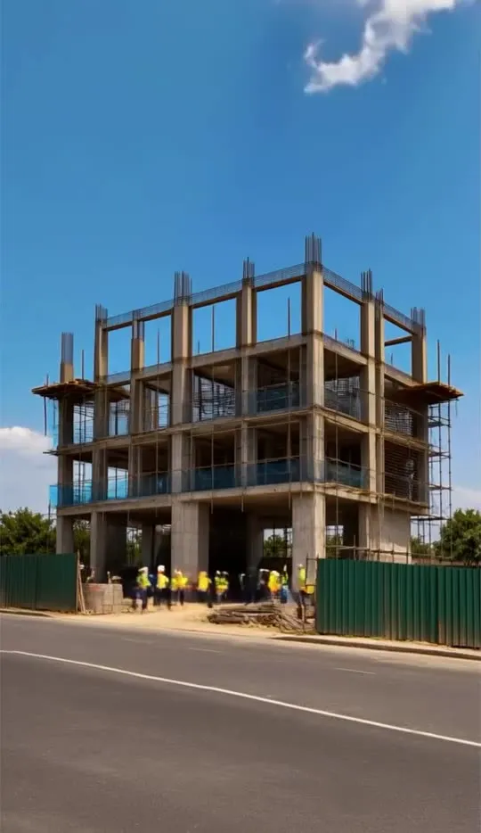 A multi-storey reinforced concrete frame under construction, scaffolded, with the site crew in high-visibility vests at ground level.